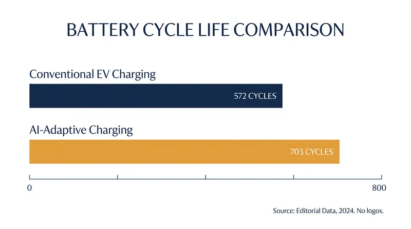 Simulations show AI-driven charging extends battery lifespan by nearly 23 percent before capacity drops to 80 percent.