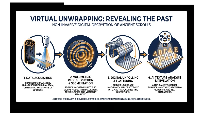 The virtual unwrapping pipeline uses phase-contrast X-rays to map the scroll's geometry, allowing AI to detect microscopic ink textures on the flattened digital mesh.