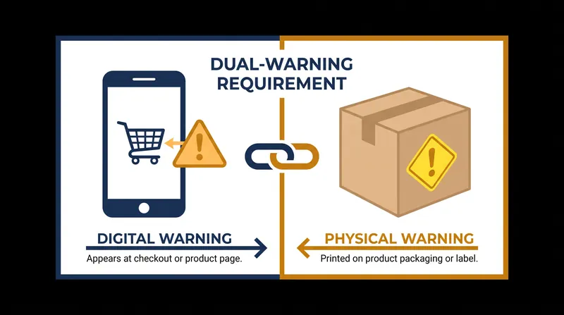 The Omnibus 2026 amendments mandate that warnings appear both before checkout and on the delivered product.