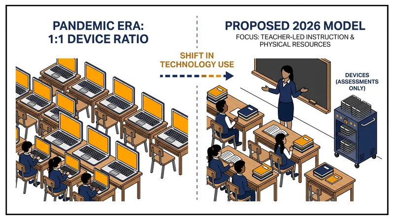 The initiative aims to transition classrooms away from default digital learning toward targeted, assessment-only technology use.