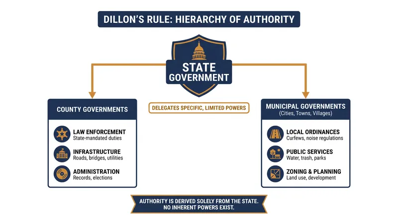 Under Dillon's Rule, local municipalities derive all their zoning authority directly from the state government.