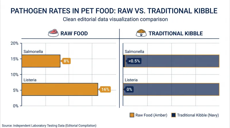 FDA testing reveals significantly higher pathogen rates in raw pet food compared to traditional kibble.