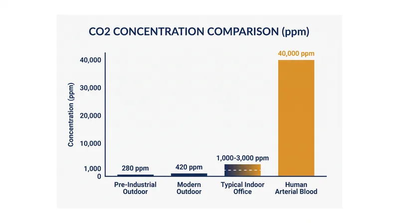 Comparing CO2 concentrations across historical, modern, and biological environments.