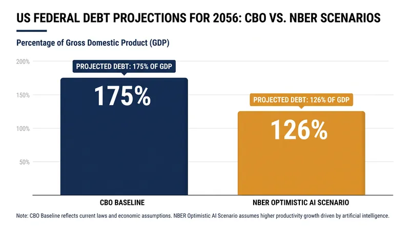 Even under the most optimistic AI growth scenario, the US federal debt is projected to reach 126% of GDP by 2056.