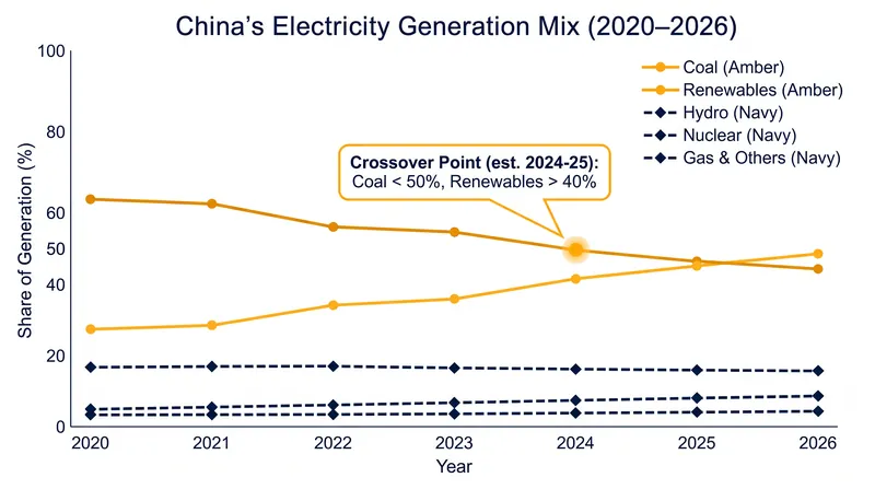 Coal's share of China's power generation fell to 49.7 percent in the first half of 2026.