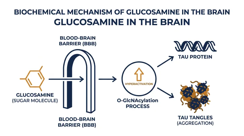 How glucosamine crosses the blood-brain barrier and hyperactivates metabolic pathways in vulnerable brains.