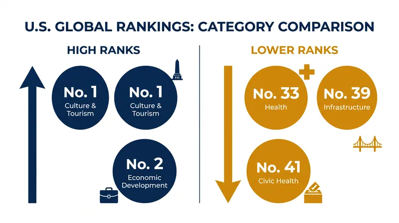 The U.S. performance showed a stark divide between global economic influence and domestic operational health.