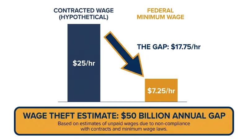 Current federal law often limits wage theft recovery to the $7.25 minimum wage, leaving a massive gap for workers hired at higher rates.