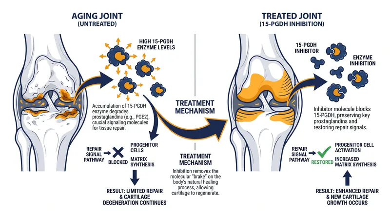 Blocking the 15-PGDH gerozyme removes the biological brakes that prevent aging cartilage from healing.