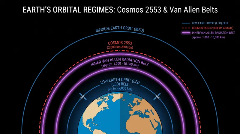 Cosmos 2553 operates at an unusually high altitude, placing it within the harsh environment of the inner Van Allen radiation belt.