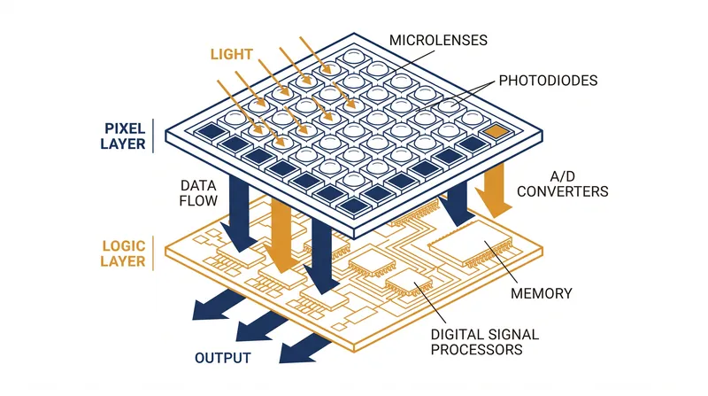 Modern high-end sensors stack the light-gathering pixels directly on top of the processing silicon.