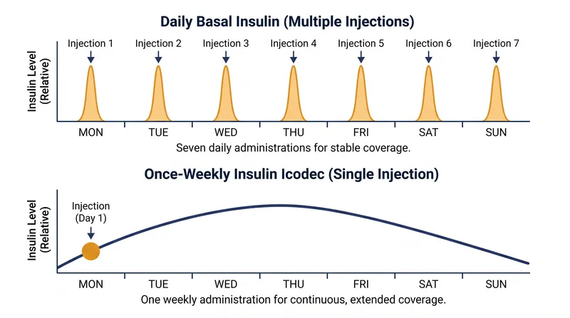 Unlike daily injections, a once-weekly dose provides a continuous, steady release of insulin over seven days.