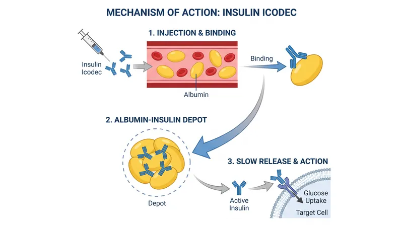 Insulin icodec binds to albumin in the blood, creating a reservoir that slowly releases active insulin.