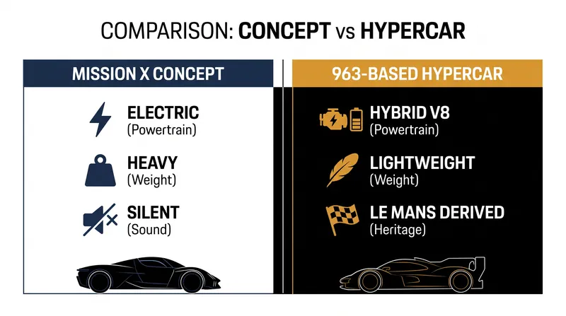 The engineering trade-offs between the all-electric Mission X and the 963-based hybrid V8.