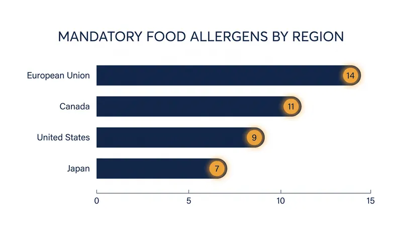 The United States currently mandates the disclosure of fewer food allergens than the European Union and Canada.