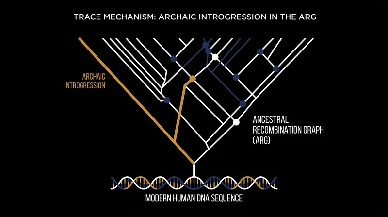 How TRACE identifies archaic DNA by looking for unusually deep genealogical branches in modern genomes.