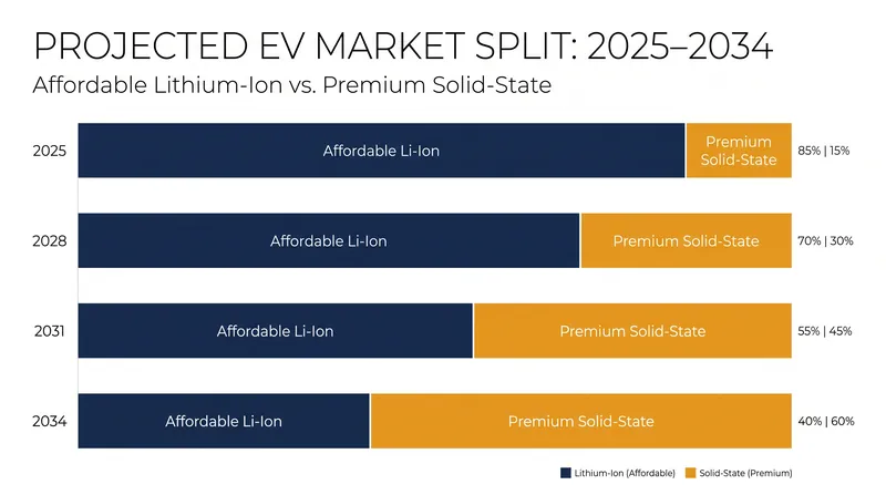 Early solid-state adoption will be limited to luxury vehicles, while lithium-ion continues to dominate the mass market.