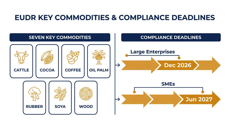 The seven commodities regulated under the EUDR and their compliance deadlines.