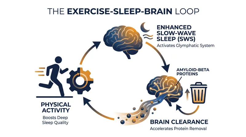 Exercise creates a positive feedback loop that enhances deep sleep and brain clearance.