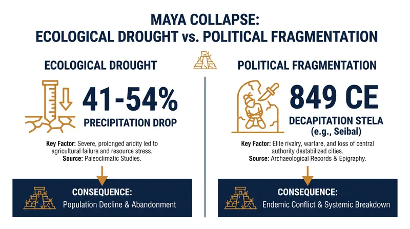 Scholars remain divided on whether environmental stress or human conflict was the primary driver of the collapse.