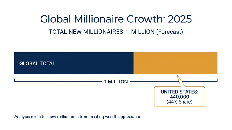 The global economy minted nearly one million new US dollar millionaires in 2025, with the US accounting for nearly half.
