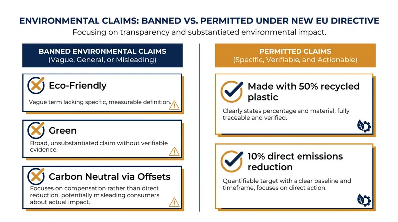 A comparison of vague marketing terms that are now prohibited versus specific, verifiable claims that are permitted.