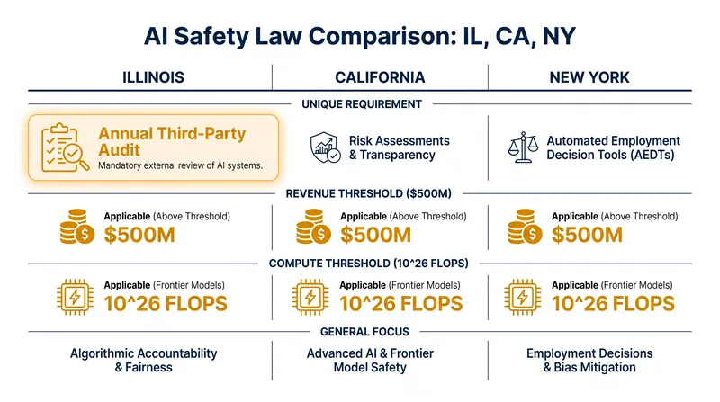 How the Illinois Artificial Intelligence Safety Measures Act compares to existing state frameworks.