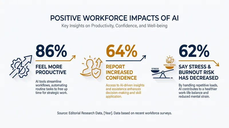 A majority of workers report significant gains in productivity and confidence after adopting AI tools.