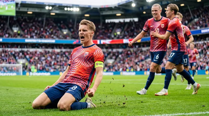 Martin Odegaard celebrates after scoring Arsenal's third goal early in the second half.