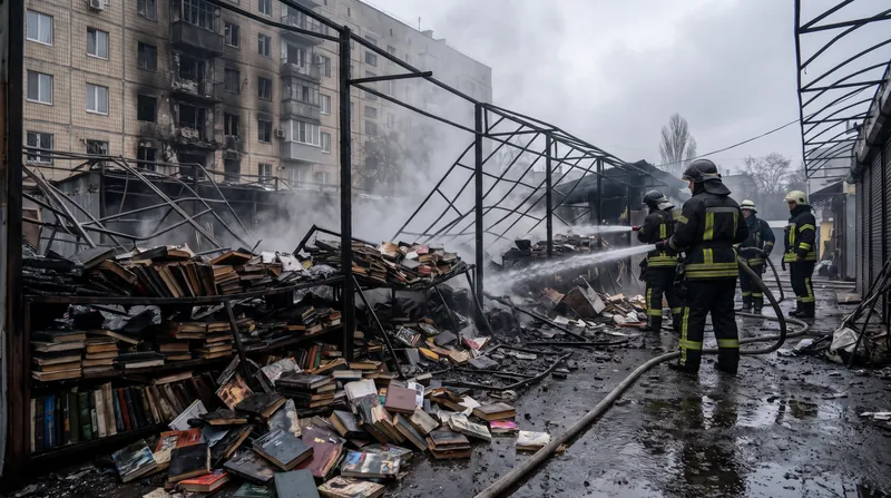 The iconic Pochaina book market in Kyiv was devastated by fires following Russian retaliatory missile strikes.