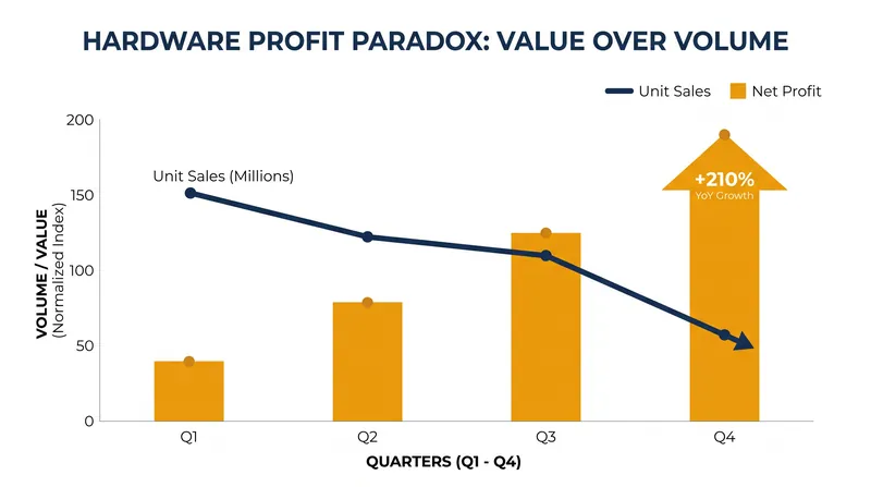 Hardware manufacturers are maintaining profitability through higher average selling prices, even as overall shipment volumes decline.