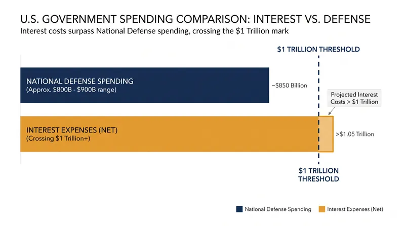 Annual interest payments on the national debt now exceed the U.S. defense budget.
