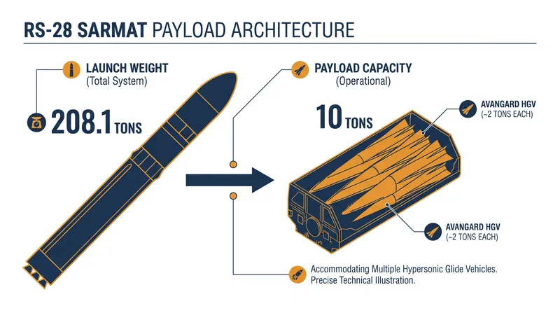 The Sarmat's 10-ton payload capacity is optimized for volumetric hypersonic glide vehicles rather than maximizing raw warhead count.