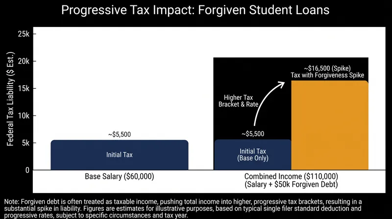 Forgiven student loan balances are stacked on top of regular earnings, often pushing borrowers into higher tax brackets.