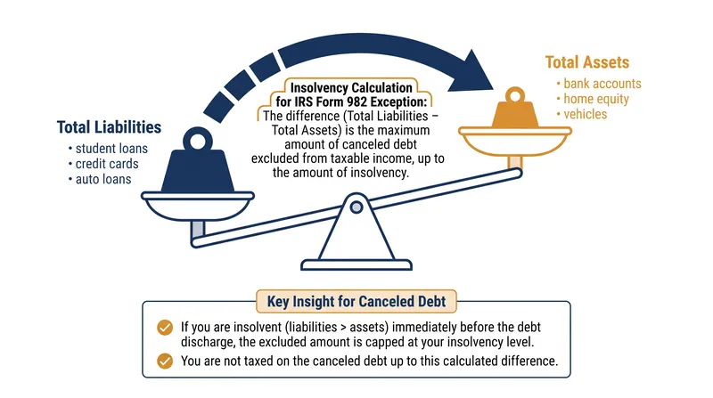 The insolvency exception allows borrowers to shield forgiven debt from taxes if their liabilities exceed their assets.