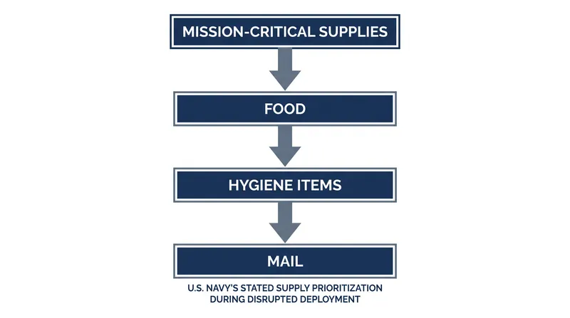 The Navy acknowledged prioritizing mission-critical supplies and food over hygiene items and mail due to disrupted supply hubs.