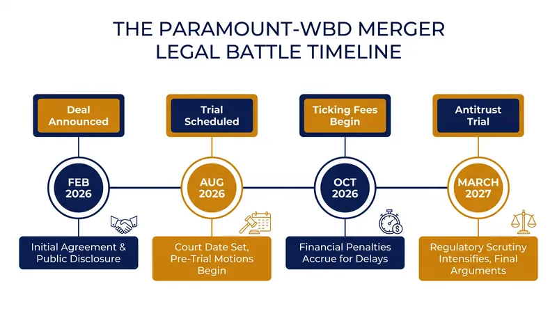 The delayed trial timeline triggers significant financial penalties for Paramount starting in October 2026.