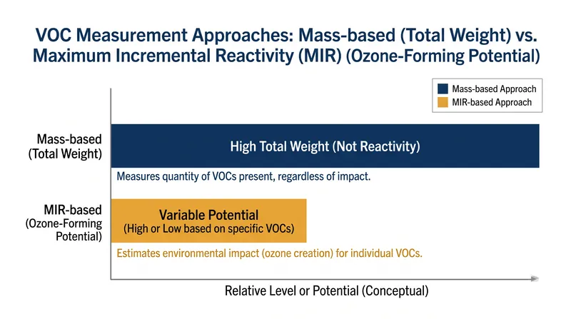 Mass-based limits measure total chemical weight, while MIR measures actual ozone-forming potential.