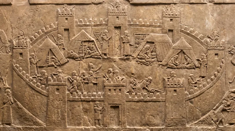 The Lachish reliefs, housed in the British Museum, provided the crucial architectural blueprint of Sennacherib's oval camps.