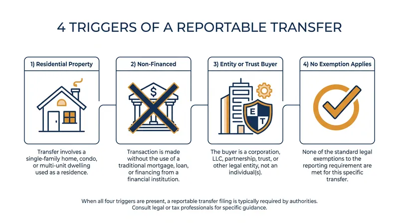 A transaction must meet all four criteria to trigger a mandatory FinCEN Real Estate Report.