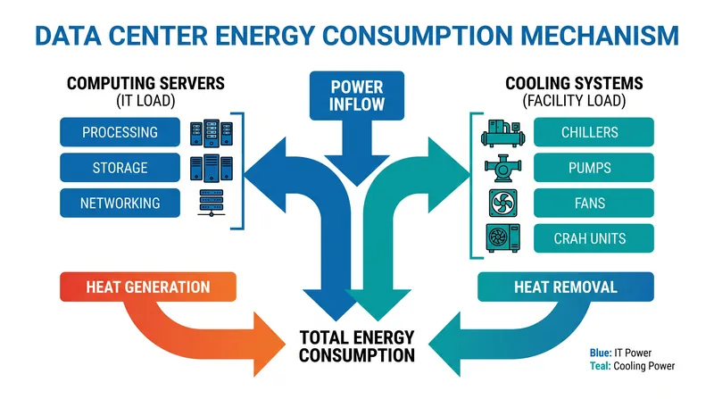 Modern AI facilities require massive amounts of power not just for computation, but for the thermal management systems required to prevent overheating.