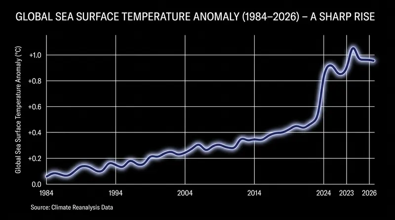 The long-term baseline of ocean temperatures has steadily climbed due to greenhouse gas emissions.