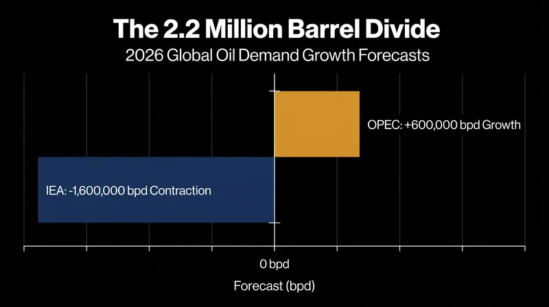 The gap between OPEC and IEA demand forecasts has widened to 2.2 million barrels per day for 2026.
