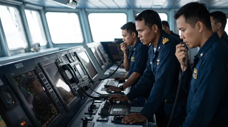 Naval officers coordinate maneuvers and communications during a routine transit.