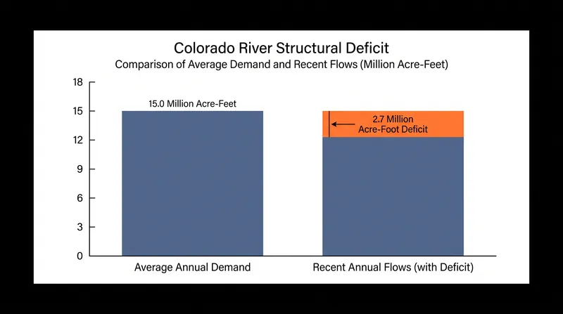 The Colorado River operates at a structural deficit, with demand consistently outpacing recent annual flows.