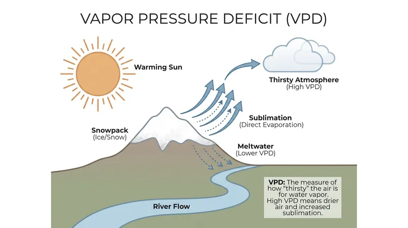 Vapor Pressure Deficit acts as an 'atmospheric sponge,' evaporating snowpack before it can reach the river.