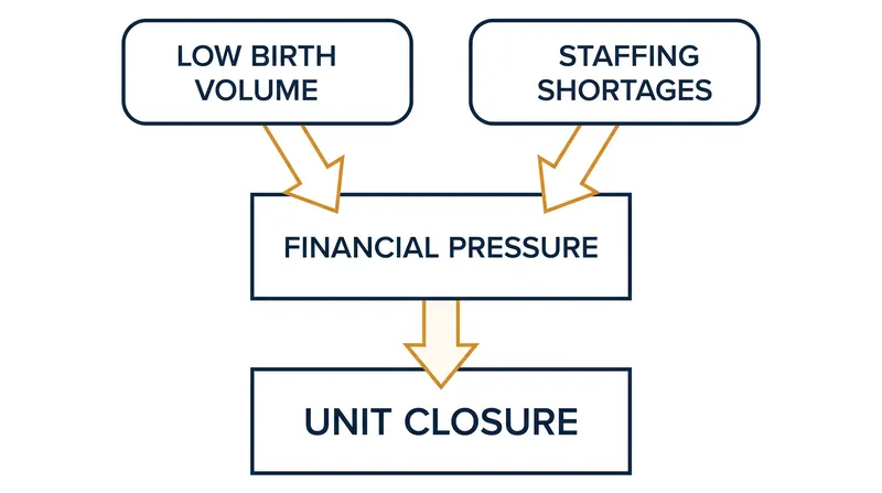 The closure of rural labor and delivery units is typically driven by a combination of low birth volumes and high fixed staffing costs.