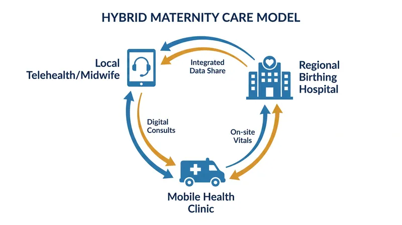 A hybrid care model connects local digital support with regional surgical facilities to ensure comprehensive maternal health coverage.