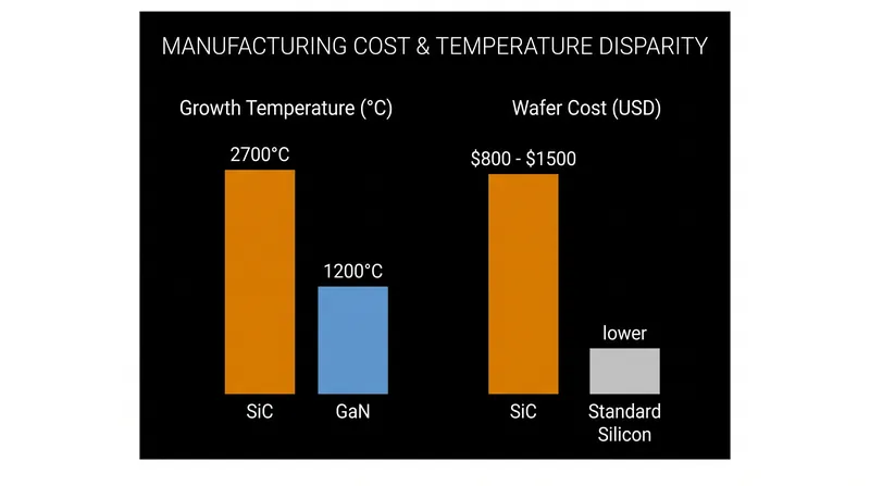 The massive manufacturing energy required to grow SiC boules translates directly into a steep premium at the wafer level.
