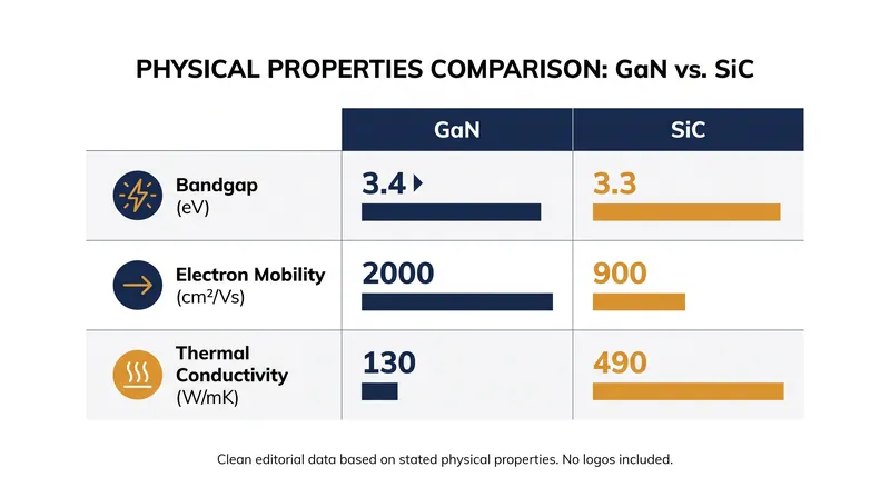 GaN leads in electron mobility for fast switching, while SiC dominates in thermal conductivity for heat management.